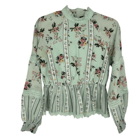 Anthropologie Hemant & Nandita Floral Lace Top Mock Neck Green XS Ballon Sleeve - Picture 1 of 10
